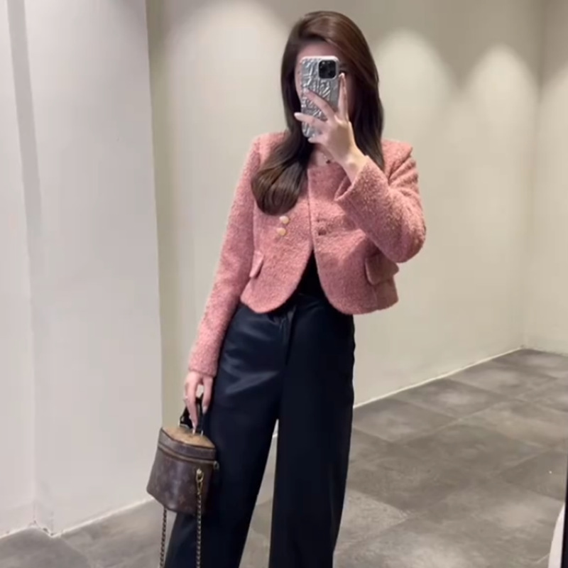 2024 New Popular Style French Style Celebrity Pink Tweed Petite Short Shoulder Jacket for Women Autumn and Winter
