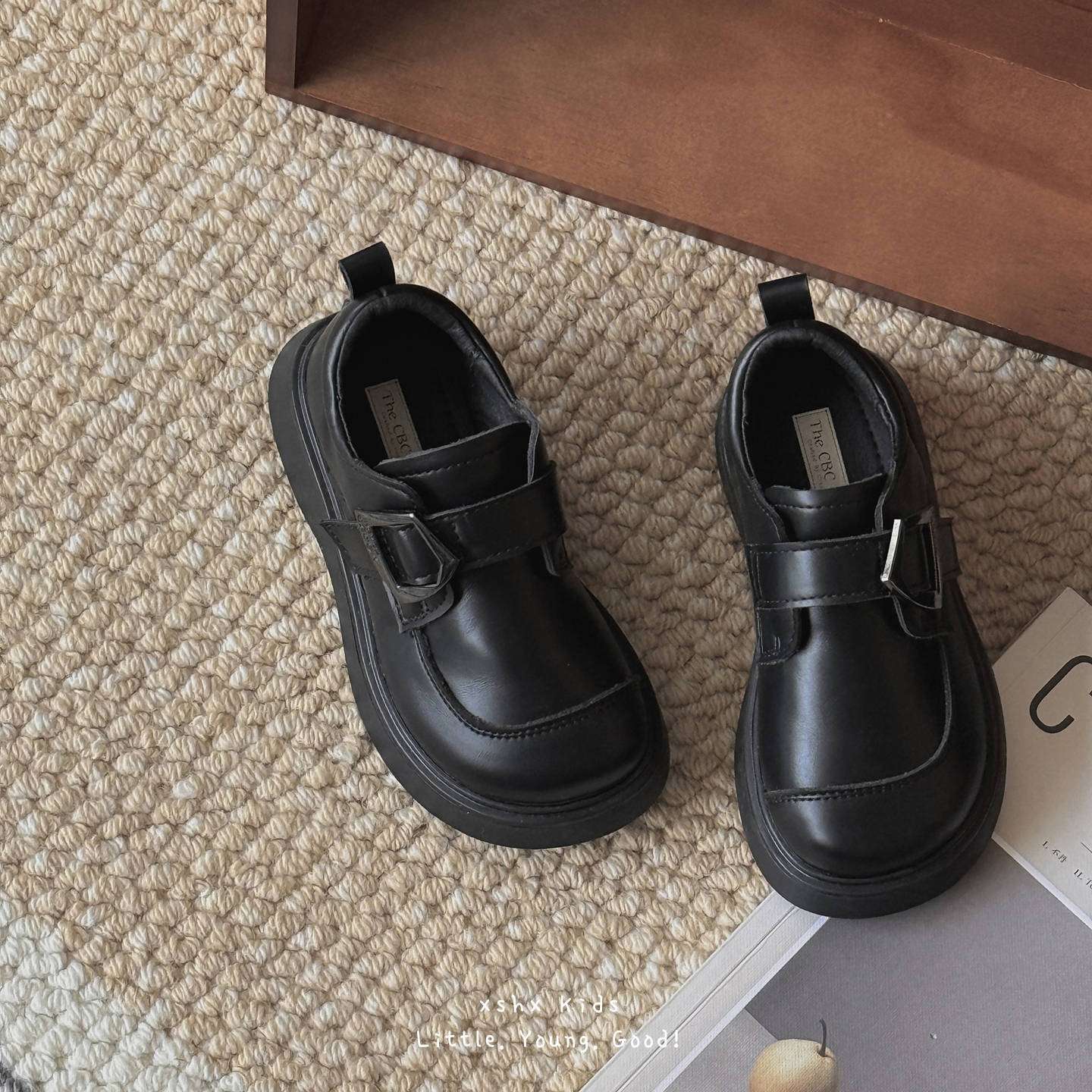 Xshx Kidsren's Leather Shoes Preppy Style Loafers Wenzhou Kidsren's Shoes for Boys and Girls Autumn Rubber Lightweight Thick Sole Velcro