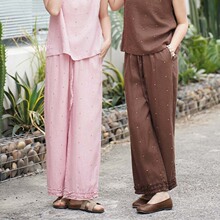 波点松紧抽绳亚麻直筒裤女夏季新款薄款显瘦修身洋气垂感休闲裤