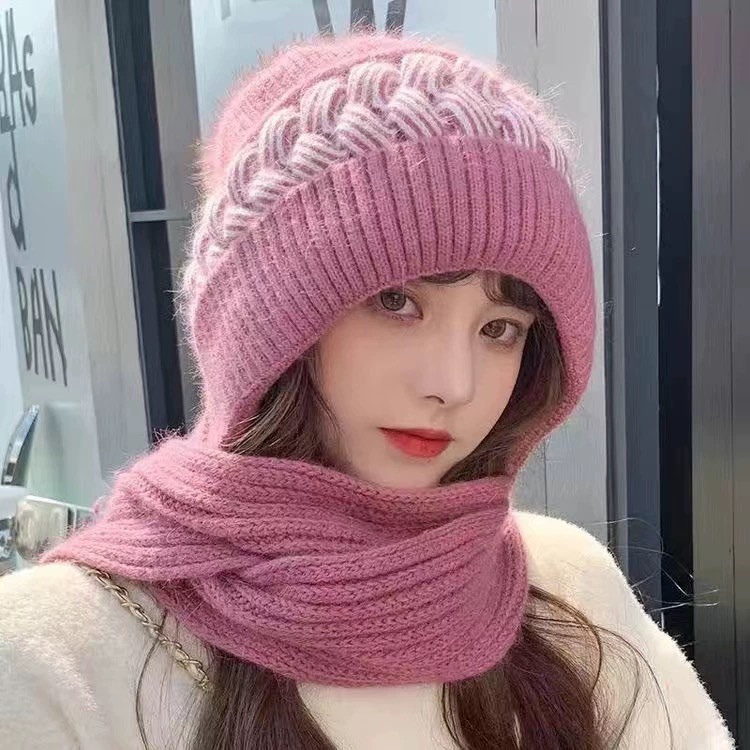 帽子女秋冬百搭韩版可爱针织帽防寒护耳护脖加厚毛线帽围巾一体帽|undefined