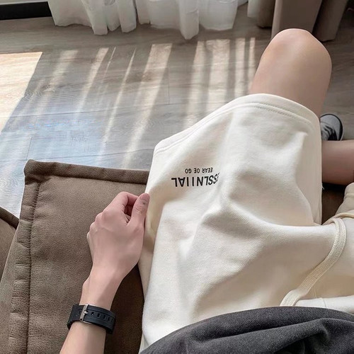 Men's Loose Wide-Leg Pants, Casual Outerwear, Lettered Sport Shorts, Trendy Hong Kong Style Beach Five-Pocket Pants