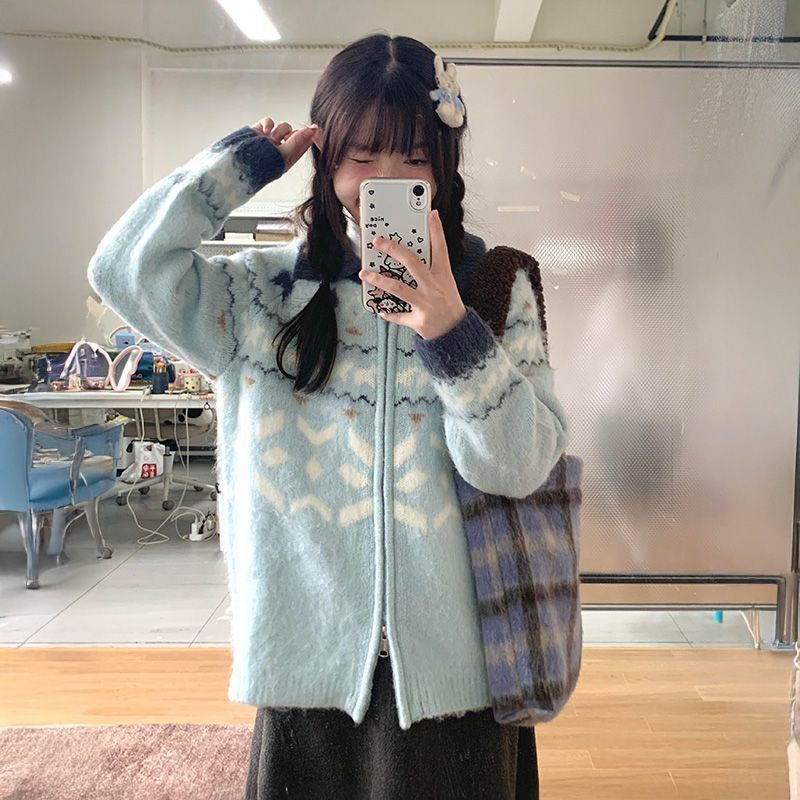Cute Girl's Fairisland Jacquard Sweater Coat Women's Autumn and Winter Loose Lazy Style Knitted Cardigan Trendy