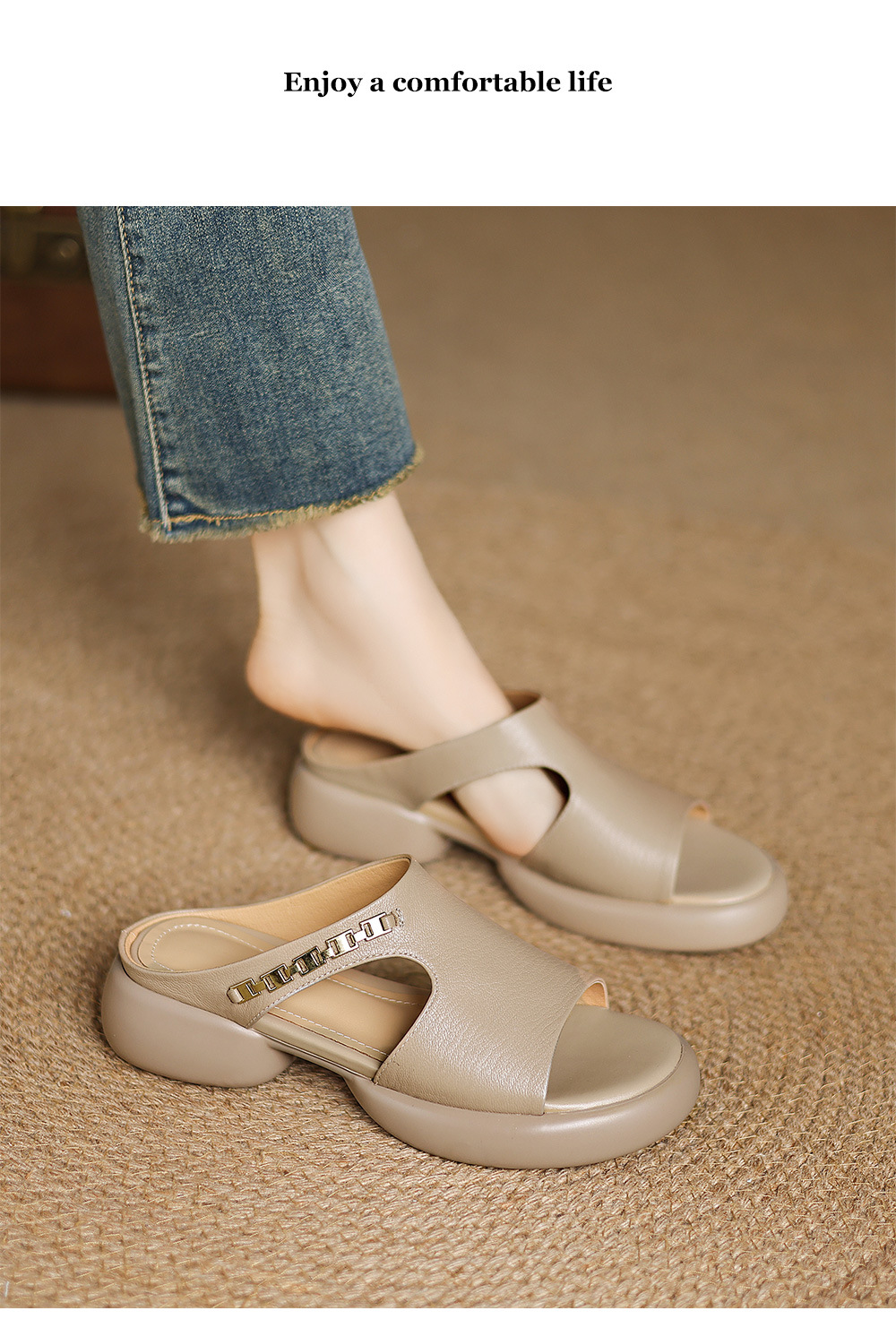 Dép sandal nữ da cừu miệng cá đế dày gót cao nhẹ — đen chi tiết 12