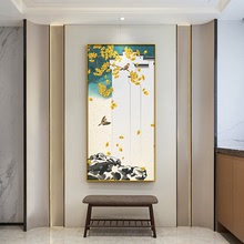 手绘油画银杏树客厅玄关走廊挂画现代装饰画金属画框竖版过道壁画