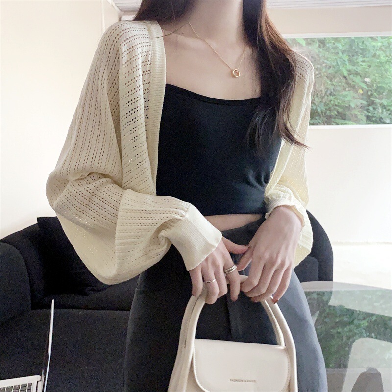 2024 Summer Thin Loose Knit Cardigan Air Conditioning Sun Protection Cover-Up Sleeveless Lantern Sleeve Short Top Jacket 2024 Summer Thin Loose Knit Cardigan Air Conditioning Sun Protection Cover-Up Sleeveless Lantern Sleeve Short Top Jacket