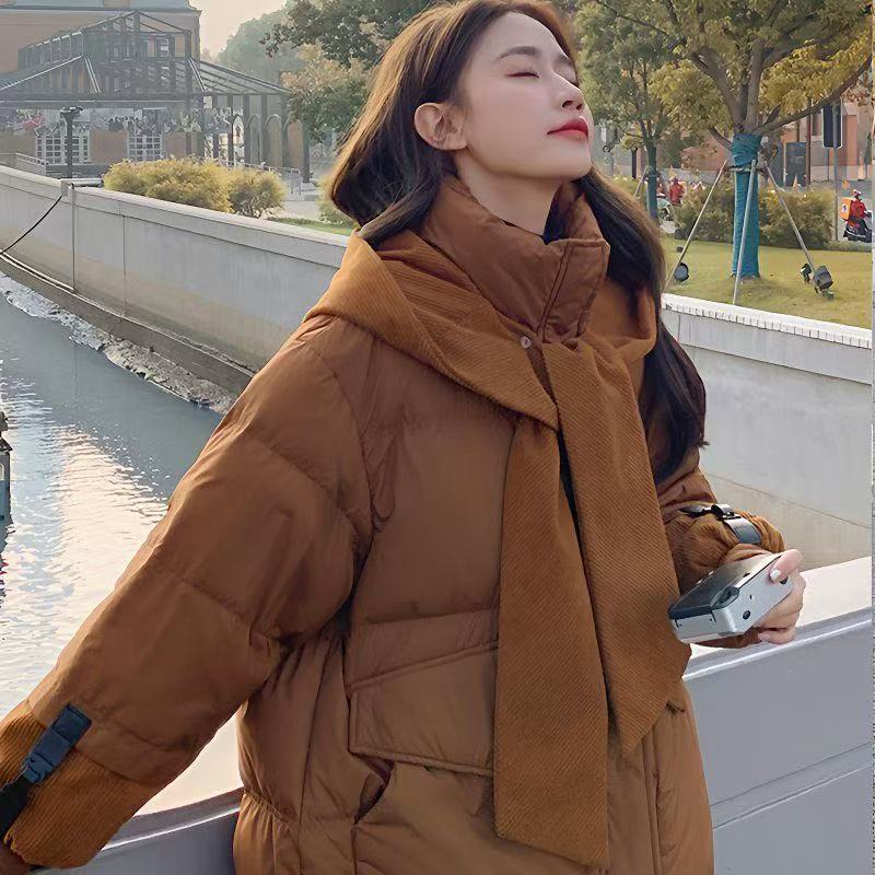 羽绒服女2025年新款冬季韩版针织帽可脱卸披肩围巾加厚白鸭绒外套|undefined