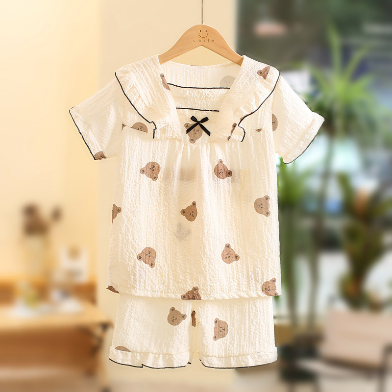 Girls' Pajamas Summer Thin Cute Printed Princess Short-sleeved Shorts Set Children's Little Women's 2024 New Outer Wear