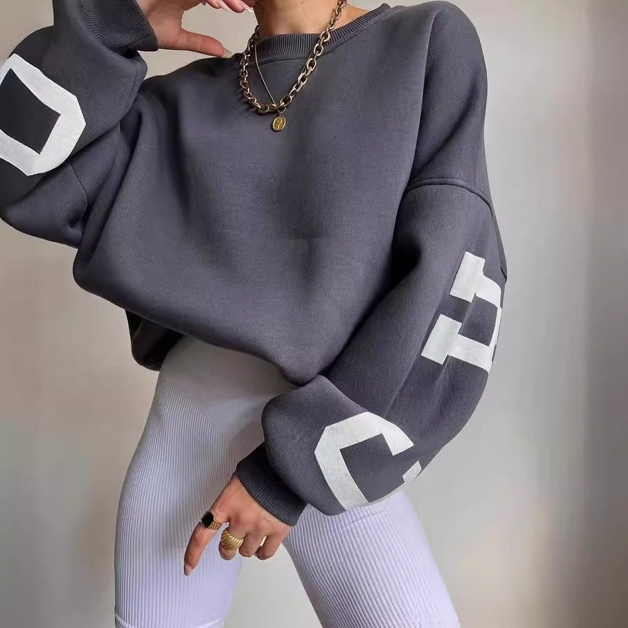 2024 Wild Berry Cross-Border Russian Women's Fashion Casual Printed Thick Versatile Long Sleeve Sweatshirt Khaki