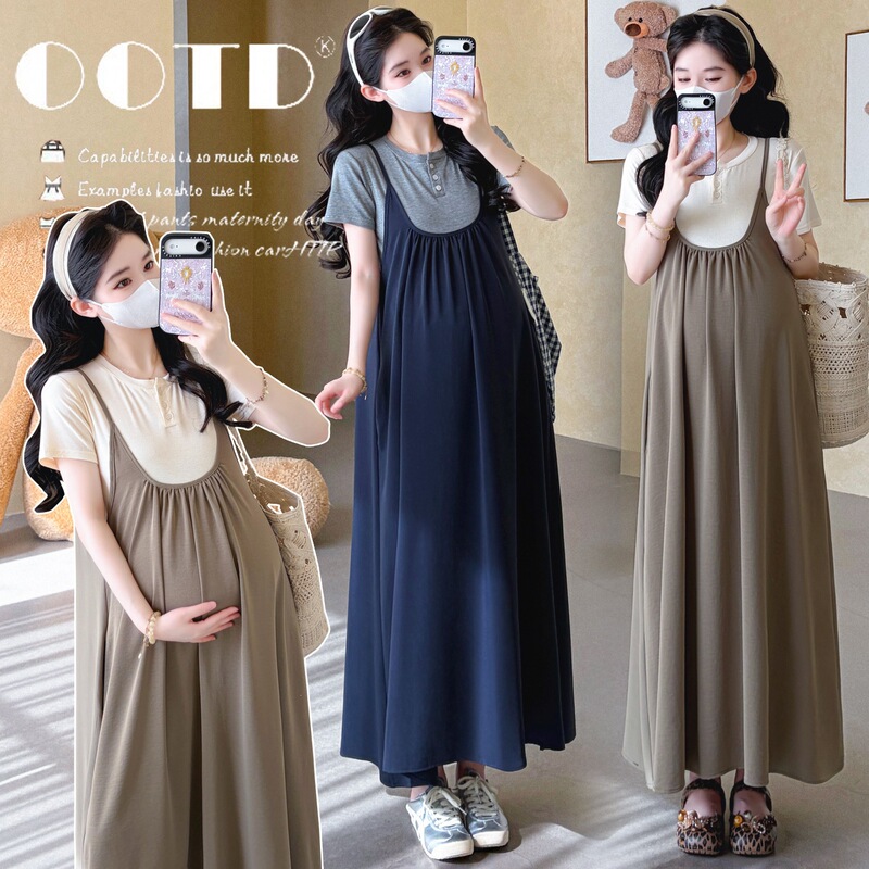 Actual Photos of the 2026 Summer New Maternity Set: Large U-Neck Adjustable Slip Dress + Button-Up Base Shirt Two-Piece Set