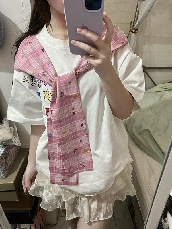 美式条纹字母印花短袖拼接格子披肩假两件T恤男女2025夏季上衣ins|undefined