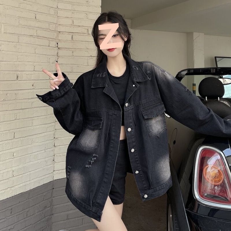 Women's black denim jacket, spring/autumn style, retro Hong Kong style, washed and distressed design, unique loose fit, versatile jacket top.