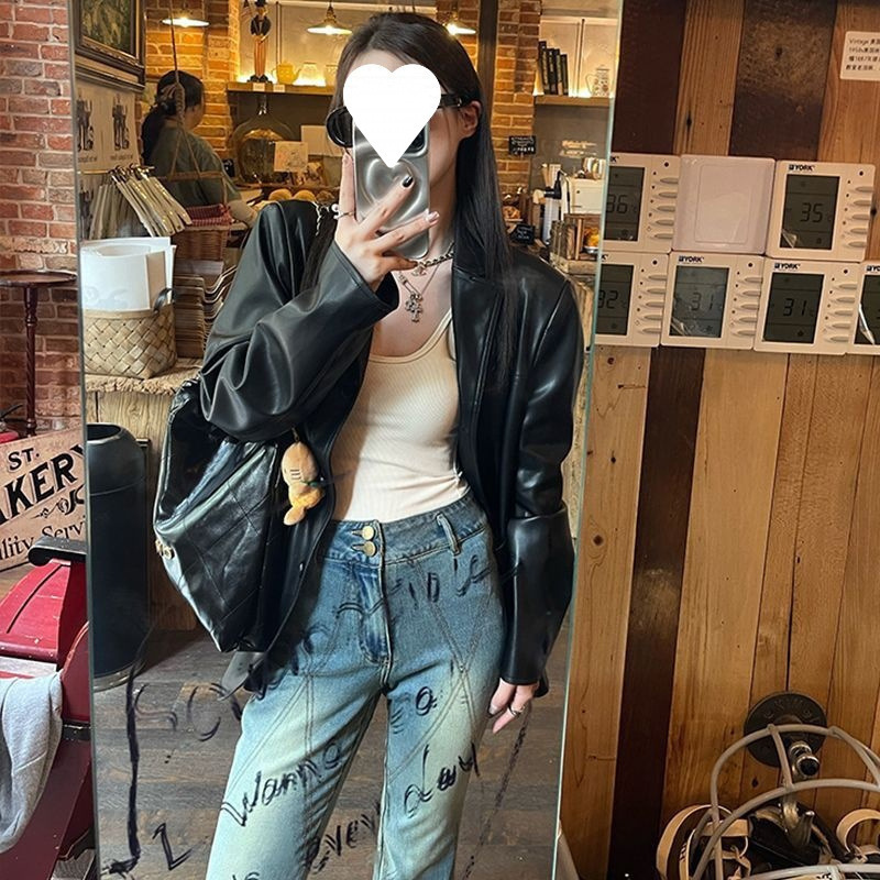 设计感西装皮衣外套女2025新款韩系机车风高街时尚黑色PU小西服潮|undefined