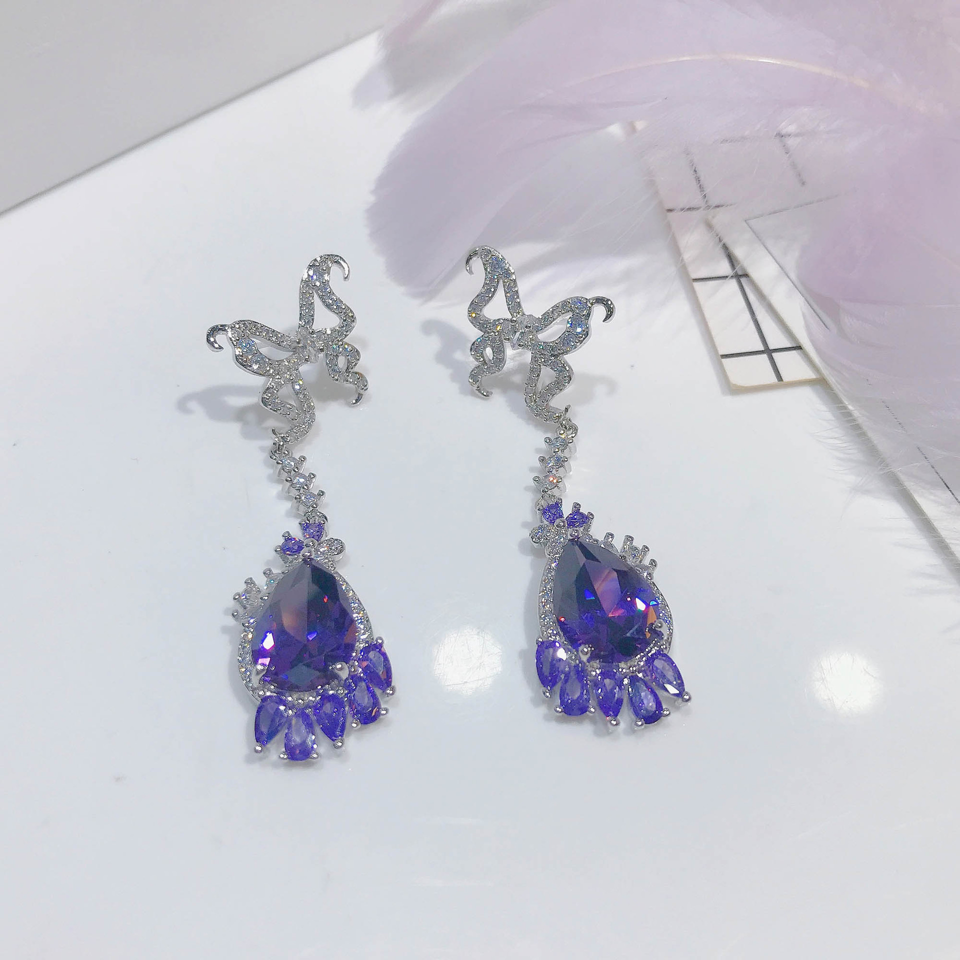 Designer Butterfly Earrings Water Drop Pear-shaped Amethyst Zircon Copper Earrings display picture 4