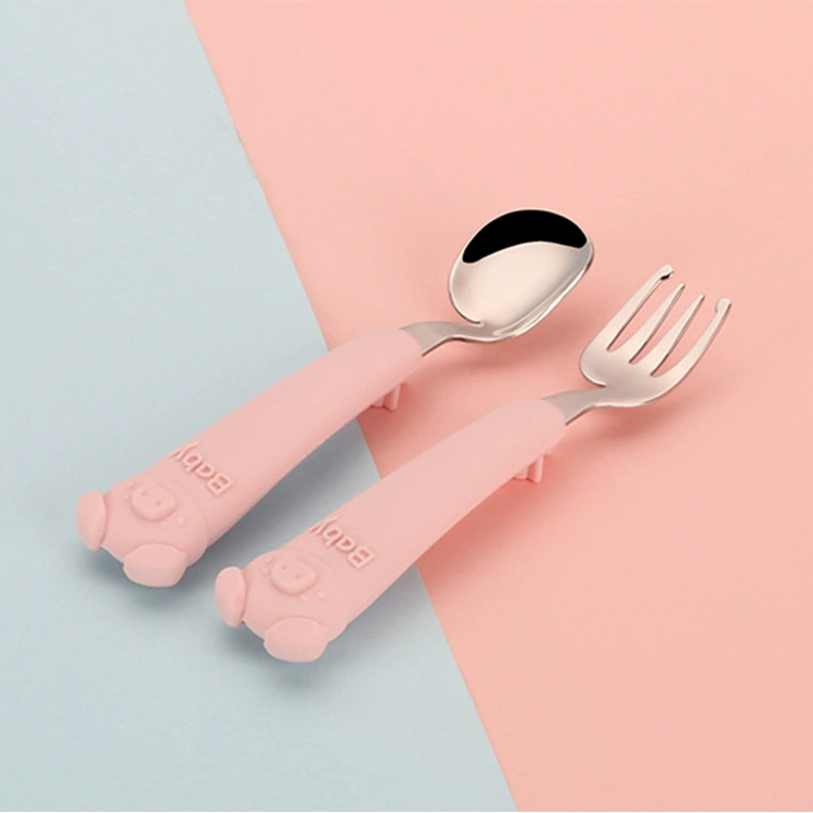 Children's silicone teaching set stainless steel, creative handheld tableware, Birthday gift