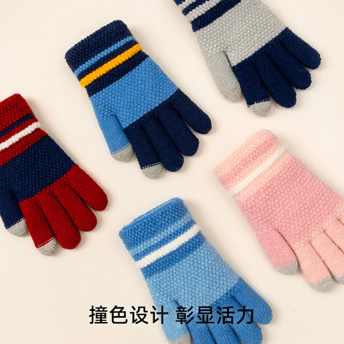 Touch screen writing gloves men's autumn and winter knitted warm wool students wholesale girls cold protection children plus velvet five fingers
