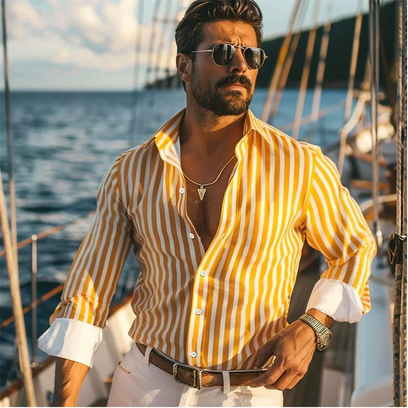 Camisa de manga larga a rayas con sentido de diseño de otoño para hombres sueltos 2024 nuevos tops se pueden usar afuera MB12