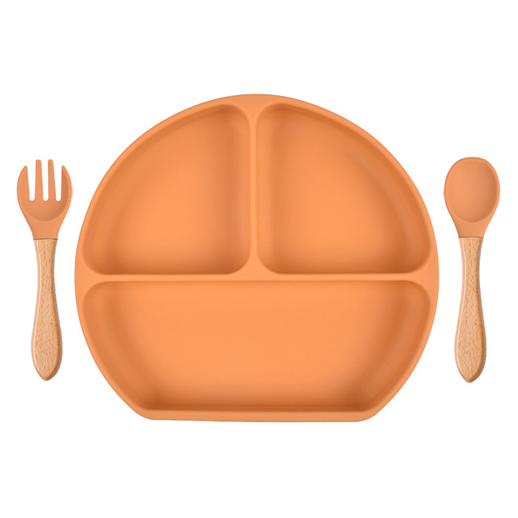 スポット分格子供食器ベビー吸盤シリコンボウル赤ちゃんスプーンストロー一体式シリコン皿|undefined