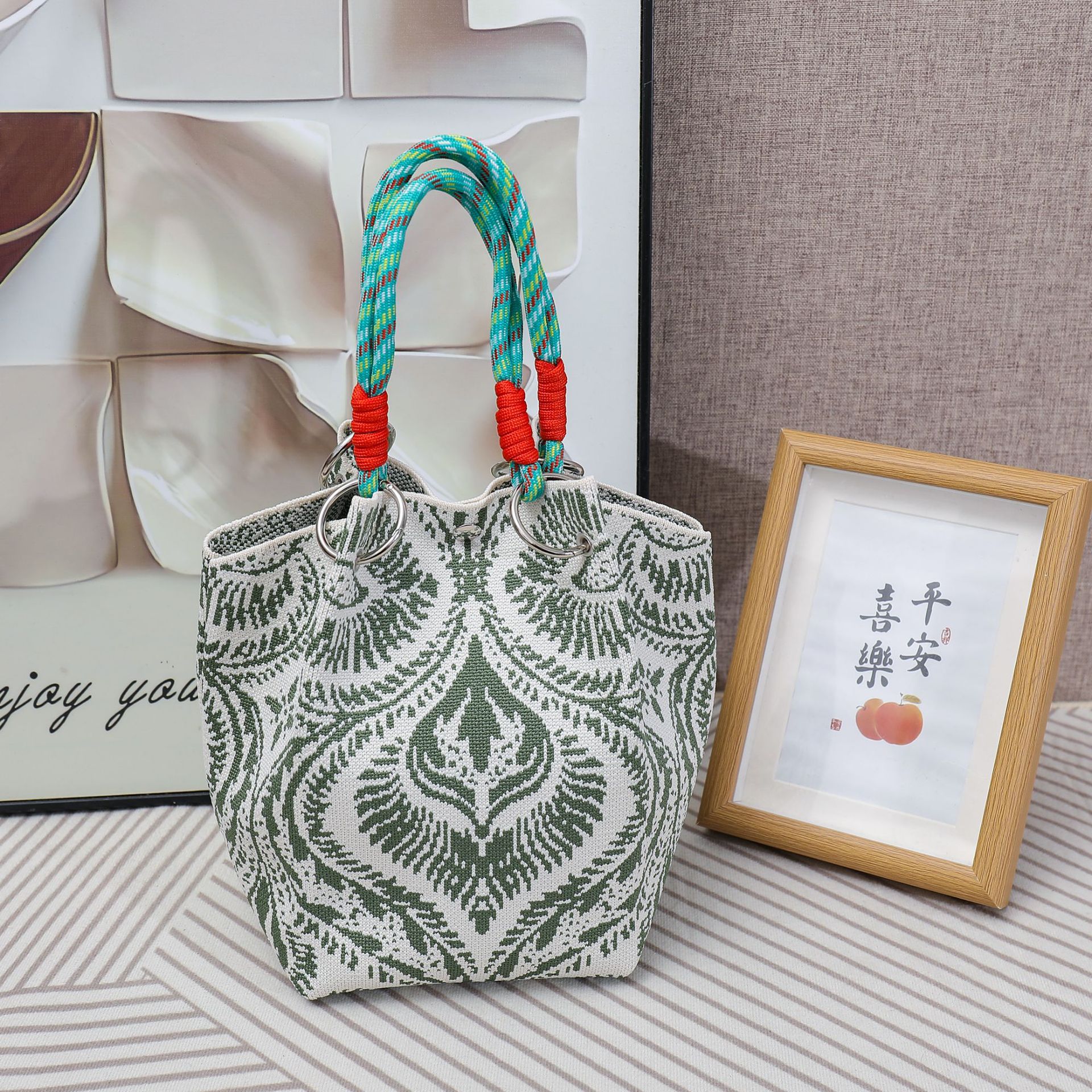 Leopard Print Knit Ring Handle Bucket Handbag 9