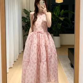 无袖宽松仙女长裙宽松雾纱萦梦少女梦幻粉色碎花欧根纱背心连衣裙
