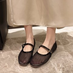 法式网面镂空单鞋女2025夏季新款平底一字带玛丽珍鞋