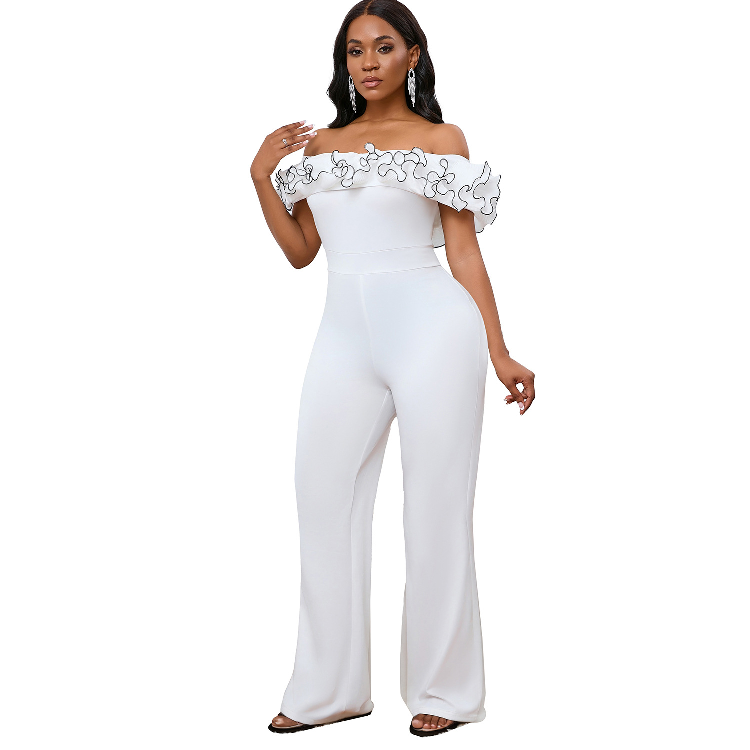 abbigliamento donna sexy attillato tinta unita monospalla arricciato spalle scoperte manica corta tuta commercio estero_voghion.com