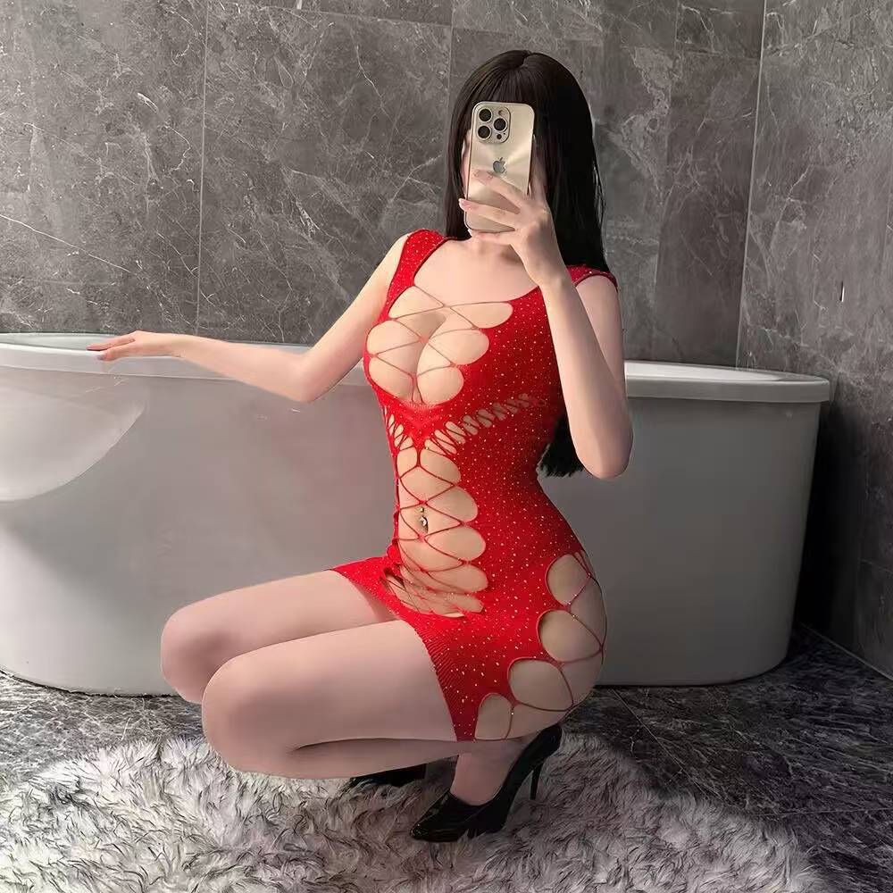 Hollow-Out Fishnet Bodysuit with Short Skirt, Long-Sleeved Red One-Size — detail image 5