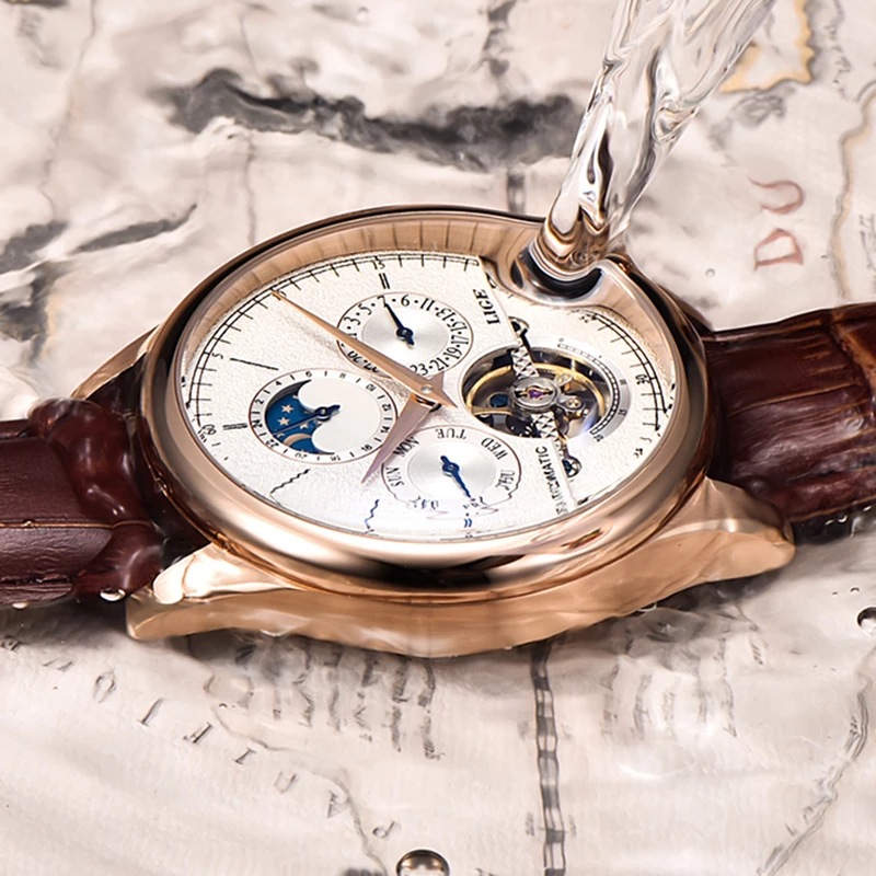 LIGE calendario semana nuevo movimiento mecánico automático hueco de negocios Sun Moon Star reloj de hombre 6826