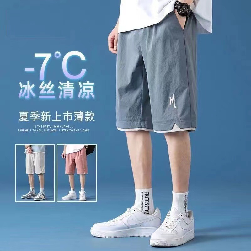 Embroidered Ice Silk Shorts for Men, Summer Trendy Casual Loose Running Sports Shorts, Student Basketball Shorts, Sleep Shorts