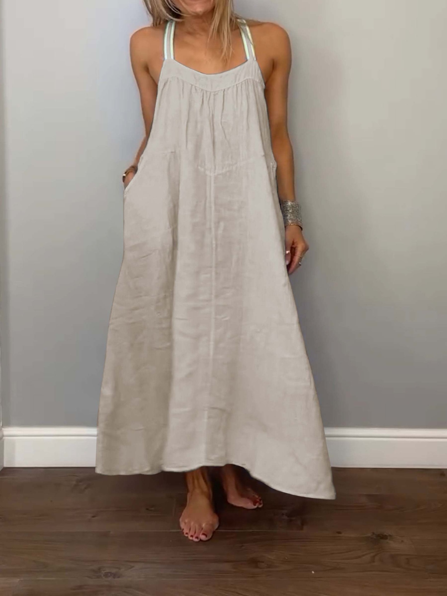280g Weight Maxi Long Dress Dress Length Type Sleeveless Sleeve Length Strap Dress Dresses Type Cotton and Linen Fabric Type Mid Waist Waist Line Daily Occasion Strap Neckline Loose Fit Type Solid Color Pattern Summer Season Women's Gender Pocket Design Casual Style Wholesale Women's Casual Pocket Solid Color Daily Strap Sleeveless Strap Dress 10