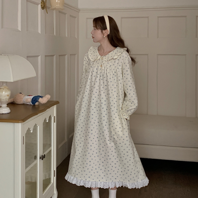 Cotton brushed blue floral long-sleeved nightdress autumn and winter pullover vintage doll collar ins Korean style home wear warm Cotton brushed blue floral long-sleeved nightdress autumn and winter pullover vintage doll collar ins Korean style home wear warm