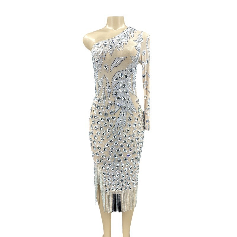 GC2024 Shoulder Rhinestone Decal Sexy Extra Long Club dress Glitter Diamond Tassel Sequins Prom Ceremony