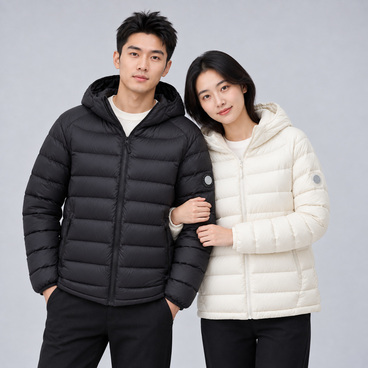 Pinghu Chixin 90% down new national standard couple's ribbed down jacket, unisex hooded warm casual coat