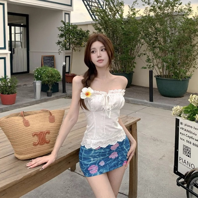 French White Jacquard Tube Top Women's Summer Sexy Sweet Lace Design Lace-Up Short Outer Top French White Jacquard Tube Top Women's Summer Sexy Sweet Lace Design Lace-Up Short Outer Top