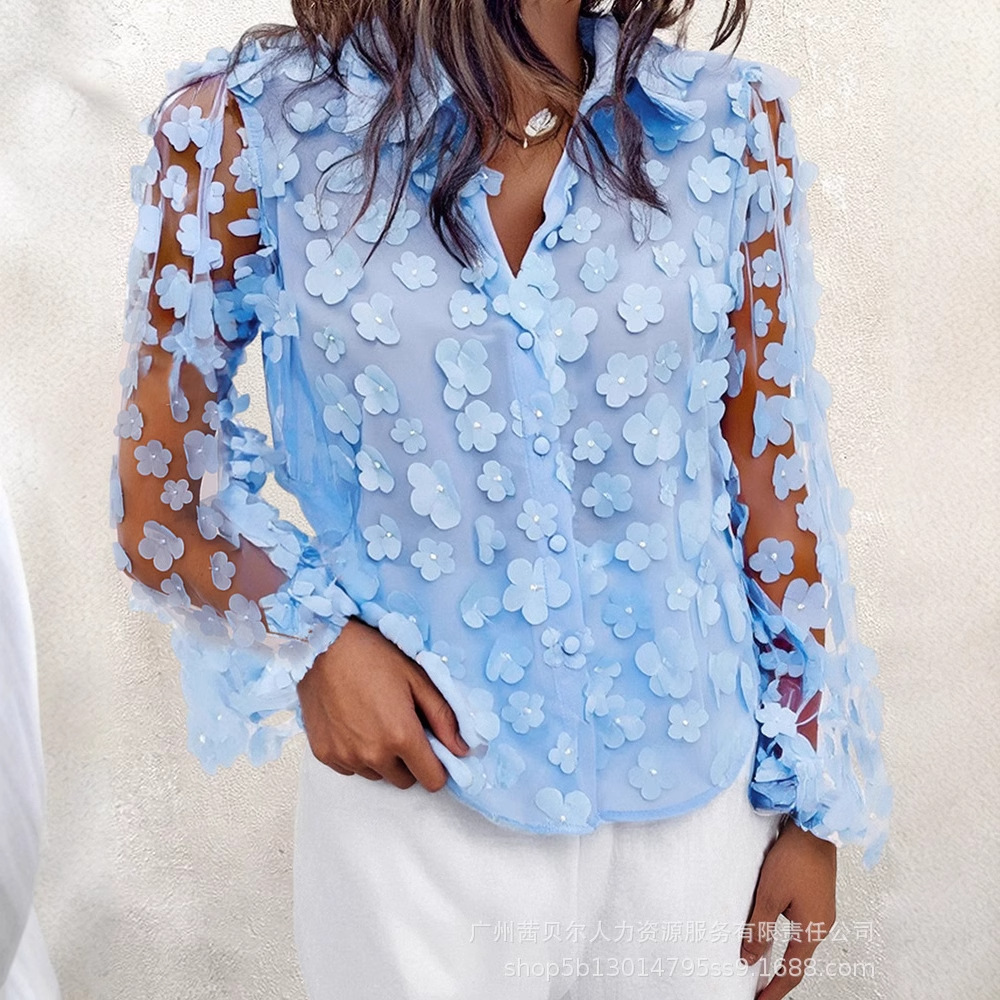 LZR18221外贸女装浅蓝色立体花透视网纱灯笼袖衬衫