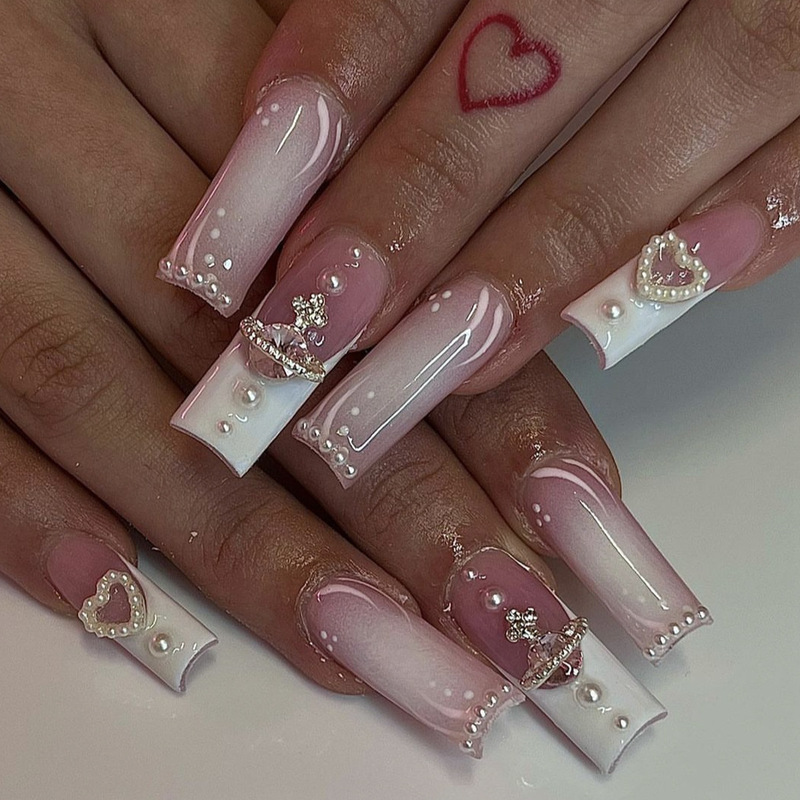 Cross-border 24 long square diamond sweet wearing armour cross-border pink multi-diamond coffin type press type false nails Cross-border 24 long square diamond sweet wearing armour cross-border pink multi-diamond coffin type press type false nails