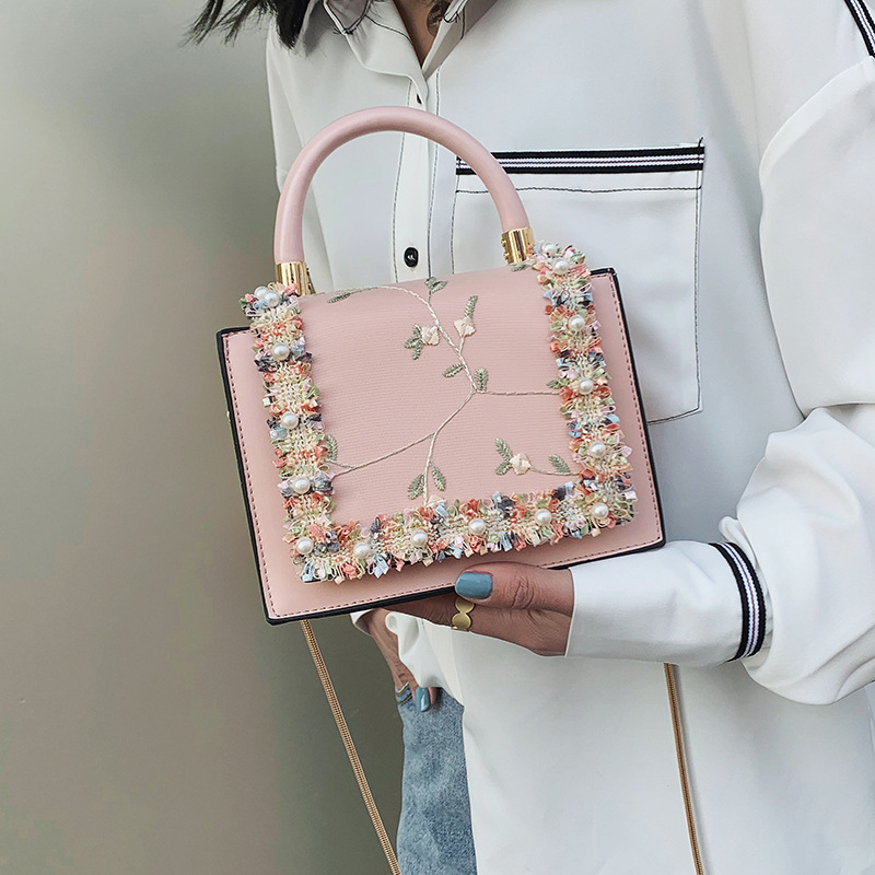 Women's Bag 2023 New Korean Style Fashion Lace Pearl Handbag Simple and Stylish Chain Shoulder Crossbody Small Square Bag