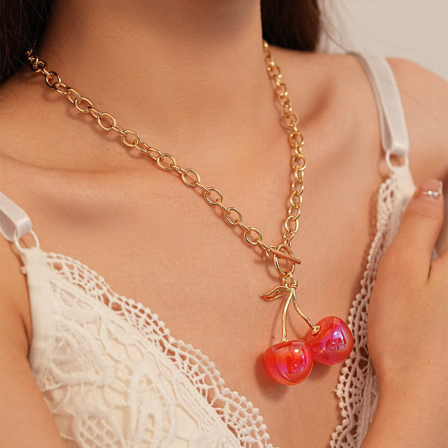 Alloy, Resin Material Cherry Pattern Women's Gender Sweet Cherry Alloy Resin O-shaped Necklace Pendant Necklaces Wholesale