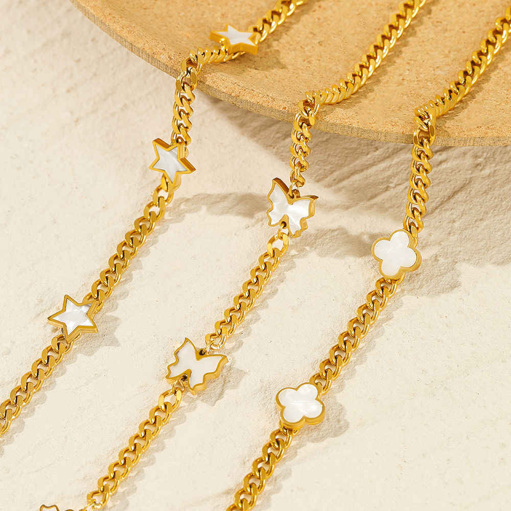 Fashion Four Leaf Clover Star Butterfly Titanium Steel Plating Inlay Shell Bracelets Necklace 1 Piec