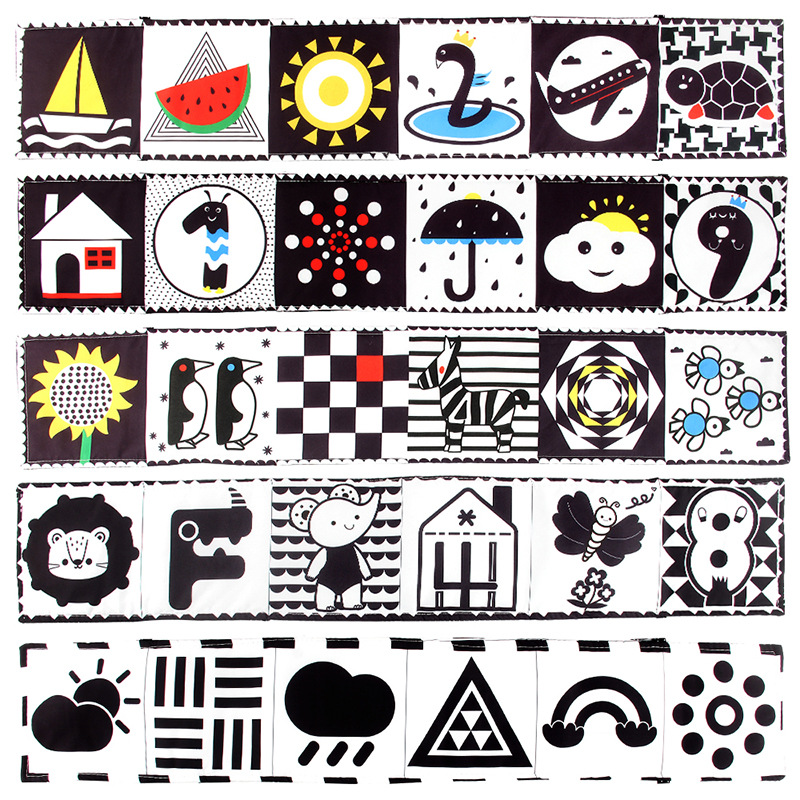 Bebé de educación temprana juguetes educativos de doble cara libro de tela blanco y negro cama de los niños circunferencia colgante forma cognitiva animal bebé libro de tela