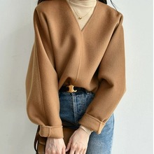 现货秋冬简约廓形卫衣羊毛呢上衣套头羊绒外套小个子短款