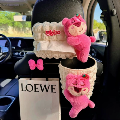 Car Tissue Box Cute Strawberry Bear High-End Sun Visor Hanging Car Armrest Box Paper Bag 2025 New Style (Car tissue box/set) - pink-strawberry-bear-3-piece-set-trash-can-puff-tissue-box-chair-back-hook