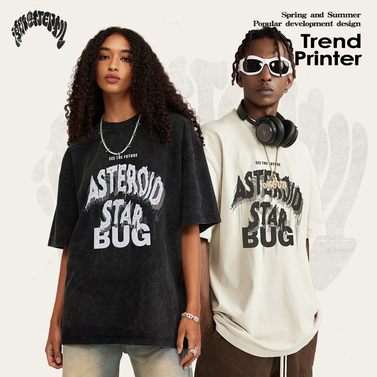 2025 verano estilo americano de moda letras retro cuello redondo alta sensación lavado de manga corta de algodón calle camiseta suelta hombre
