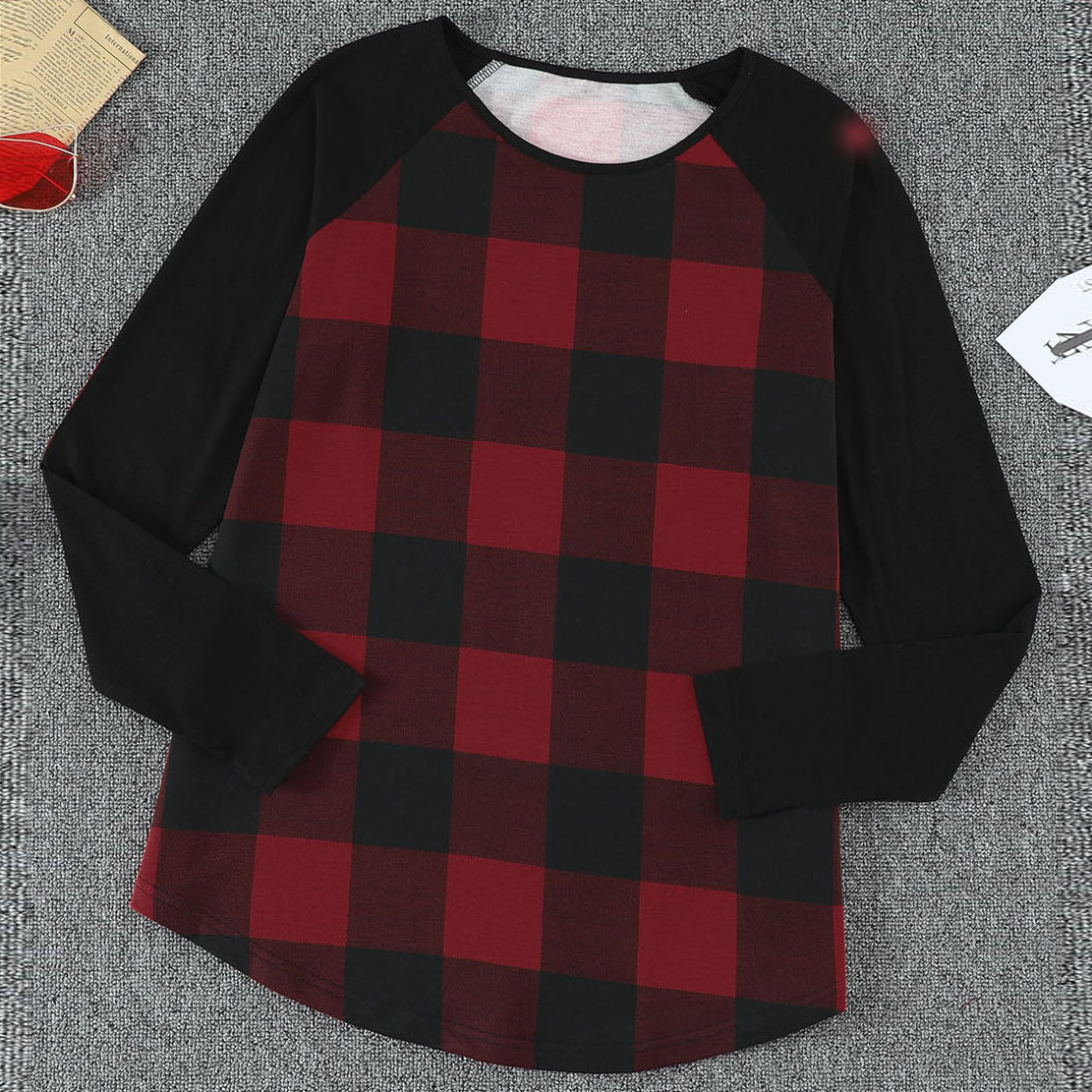 時(shí)穎圣誕節(jié)跨境外貿(mào)上衣女秋亞馬遜新款格子拼接中長款外貿(mào)t恤女