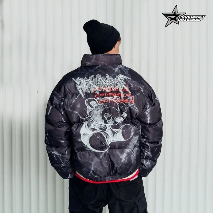 Men's Clothing dark bear graffiti print loose cotton jacket high street hip hop couple bread coat_viptrois.com