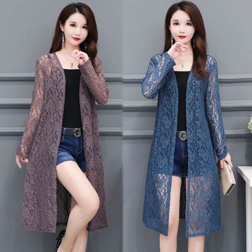 Loose Lace Sunscreen Top with Long Sleeve Open-Front Blouse for Summer, Expendable Medium-Length Shawl-Sleeve Thin Outerwear Air Conditioning Shirt