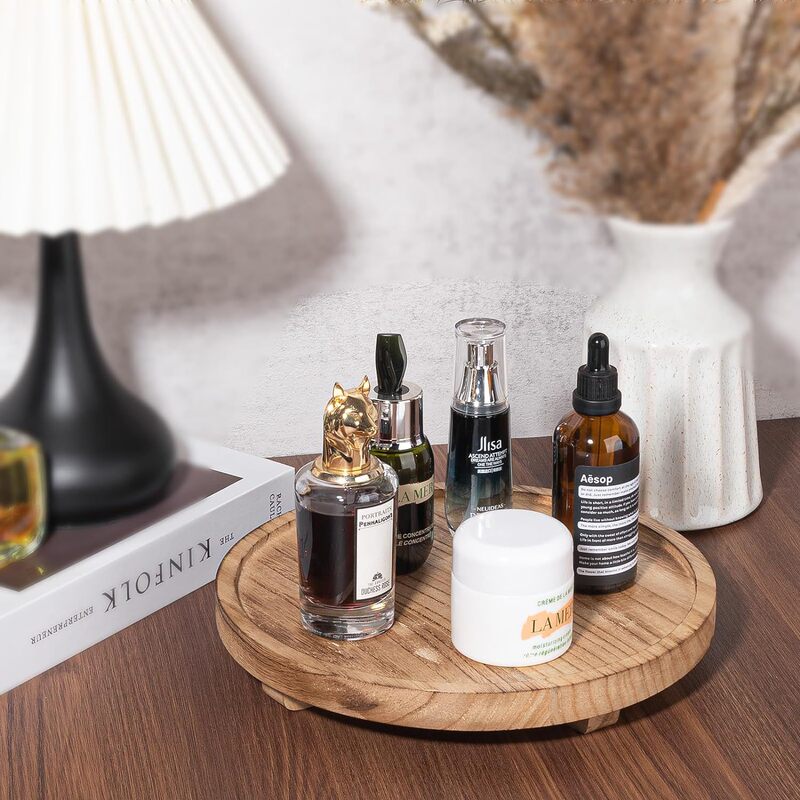 Round Decorative Tray Solid Wood Bathroom Counter Wood Riser for Soap Organizer Farmhouse Kitchen Decor