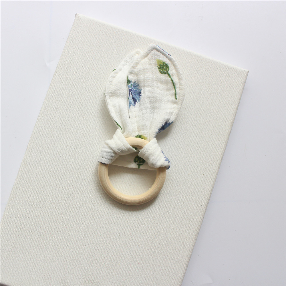 23g Weight Teething biscuits Toys Type 1 Piece Quantity Cloth, Wood Material Solid Color, Bow Knot Pattern Cute Style Cotton Gauze Wooden Teething Ring Baby Hand Grasping Training Toy Cute Solid Color Baby Accessories 5
