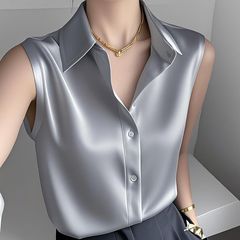 夏の新しい韓国スタイルのノースリーブポロカラーシャツ女性のための多用途カジュアルサテンカジュアル気質トップ女性のための