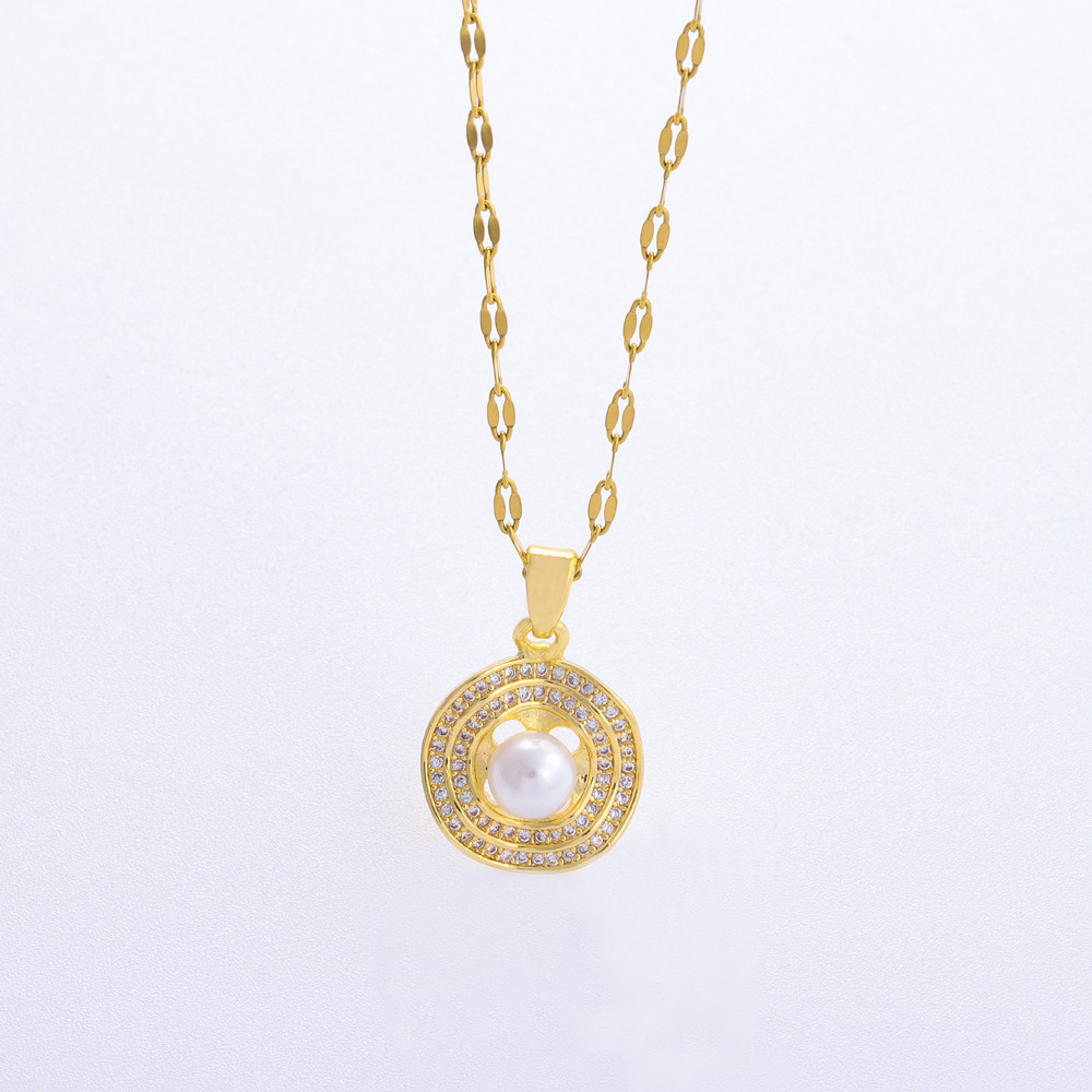 Nuovo set di orecchini in acciaio al titanio con ciondolo geometrico rotondo in perla con micro-intarsi in zirconio e nicchia retrò francese_voghion.com