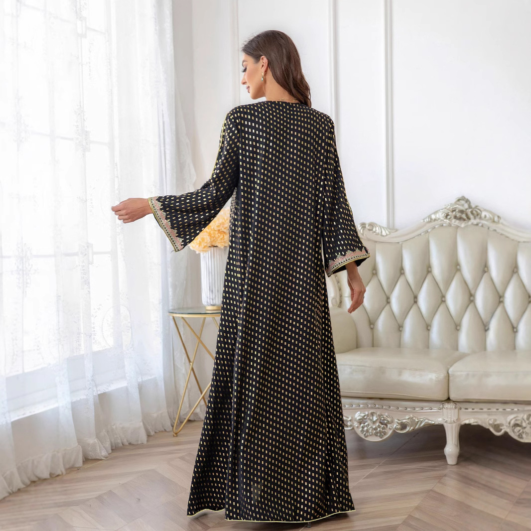 2025 Spring Middle Eastern And European Foreign Trade Muslim Robe With Gold Embossing, Simple Lace, Slim Fit, Dubai_voghion.com